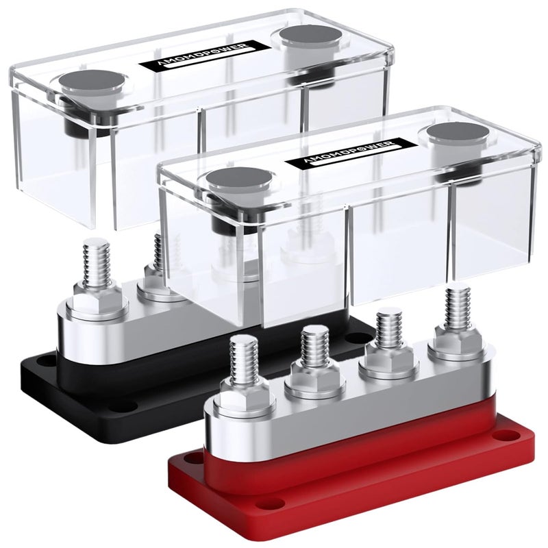 AMOMD 2 pcs 600A High Current Bus Bar with 4 Studs (3/8 inch) M10 Nickel Plated Copper Distribution Block Ideal for Electrical Battery Ground Buss Bar Connections with Cover 300 V AC/12-48 V DC - Image 1